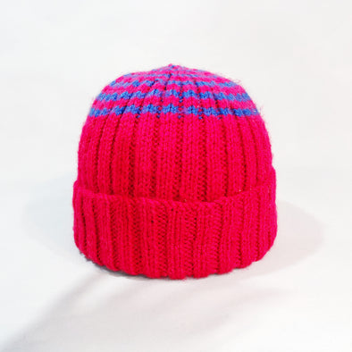 Red beanie with blue stripes