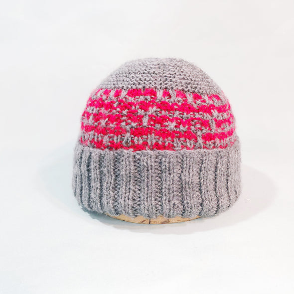 Grey beanie with red pattern