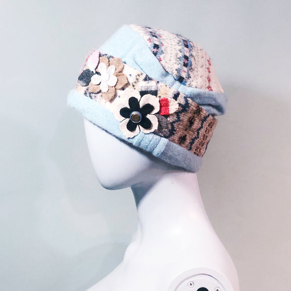 Pale blue jumper hat with patterned crown.