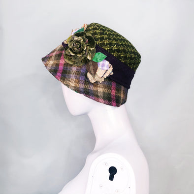 Green wool hat with purple tweed brim